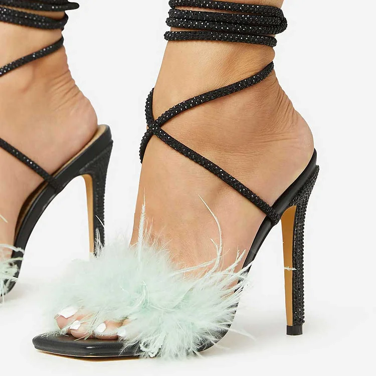 Black Rhinestone Strappy High Heel Sandals with Faux Feather Decor |FSJ Shoes