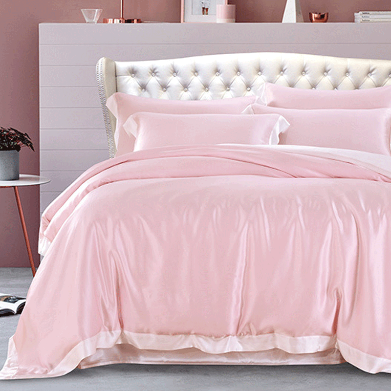 19 Momme Contrast Colors Silk Duvet Cover Set| 4pcs Pink Color