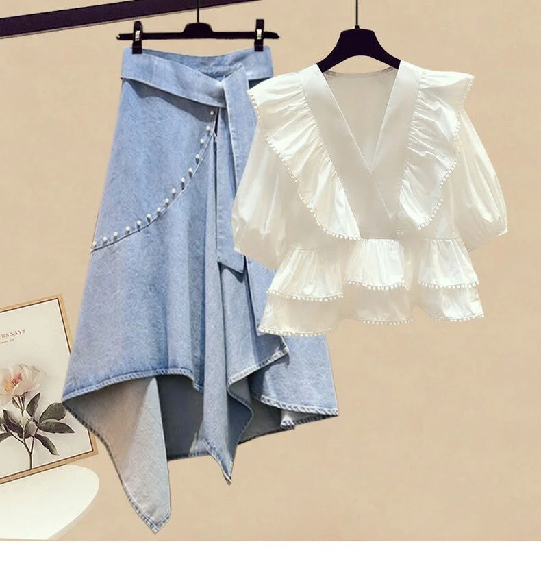 Women Summer Casual Joker Tow Pieces Skirt Set 2022 New Fashion Bow Shirt+Denim Pearl Irregular Skirts Outfit Streetwear Female