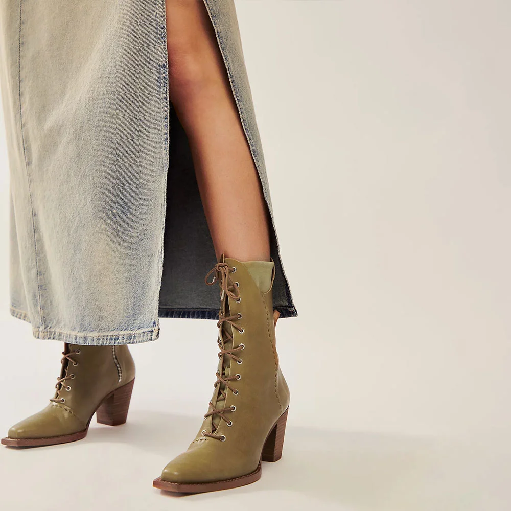 Simple Olive Square Toe Lace-Up Stacked Heel Booties for Women