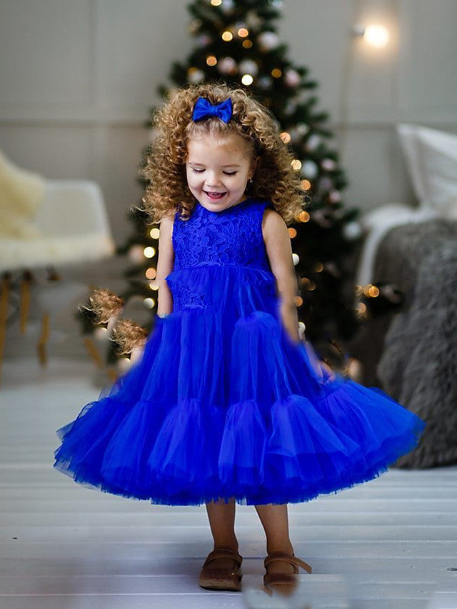 Oknass A-Line Sleeveless Jewel Neck Flower Girl Dresses Lace Tulle With Pleats Tier