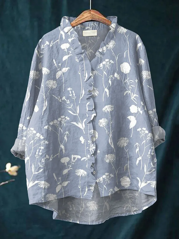 Women's Floral Art Print Casual Cotton And Linen Ruffle Shirt