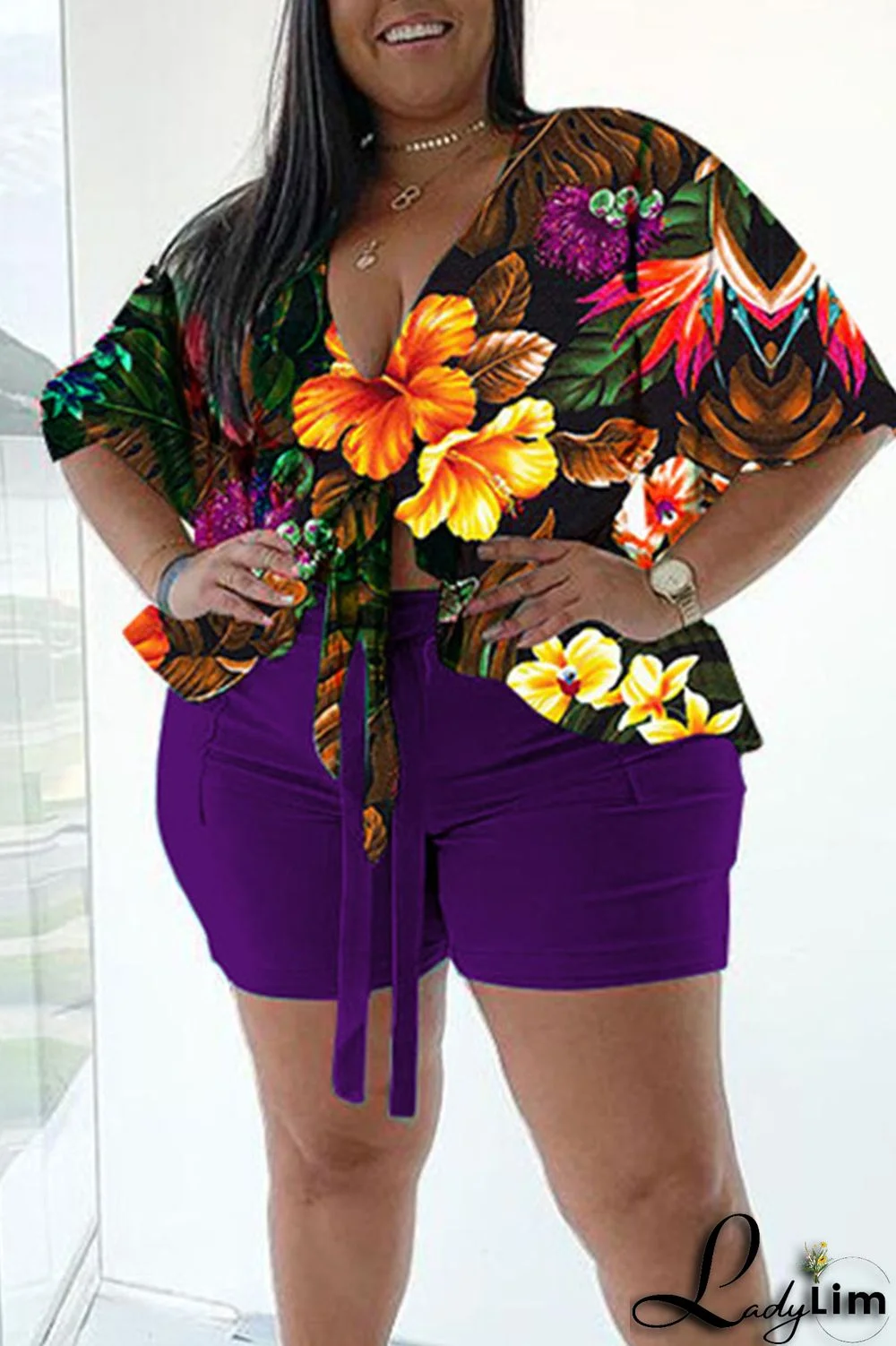 Purple Casual Print Bandage Split Joint V Neck Plus Size Two Pieces