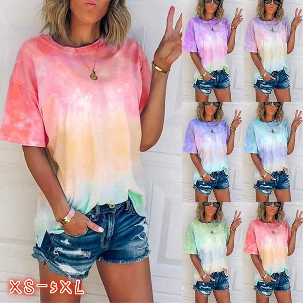 Women's Fashion Loose Casual Round Neck Tie Dye Gradient Short Sleeves Summer T-Shirts Tops Blouses Plus Size XS-5XL