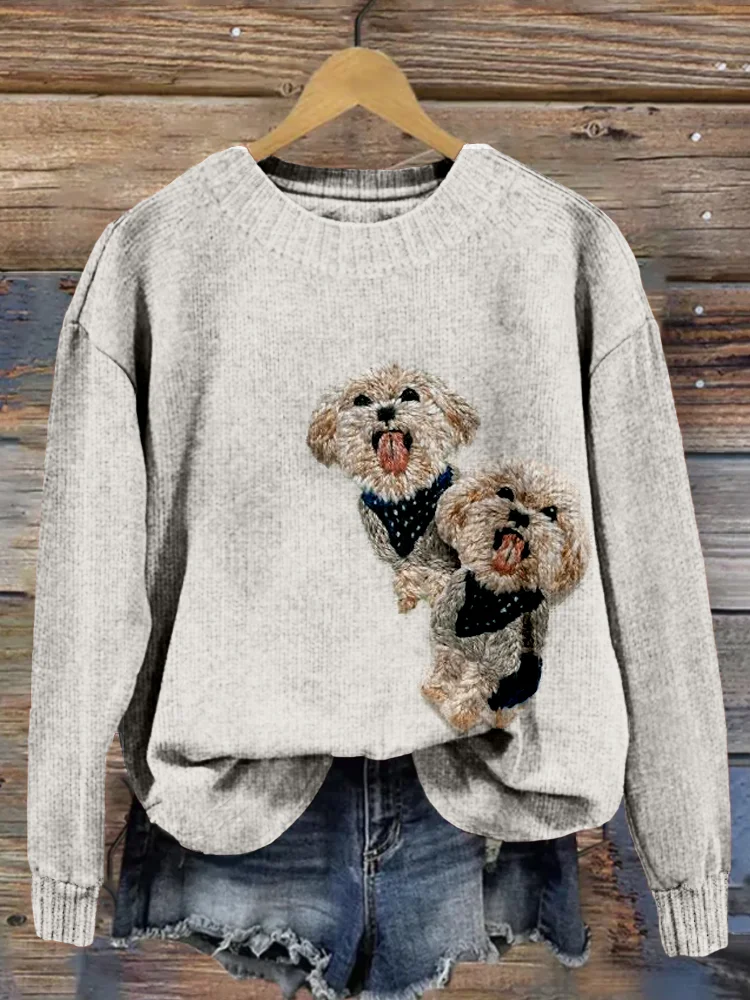 Utbros Lovely Dogs Embroidered Crew Neck Cozy Sweater