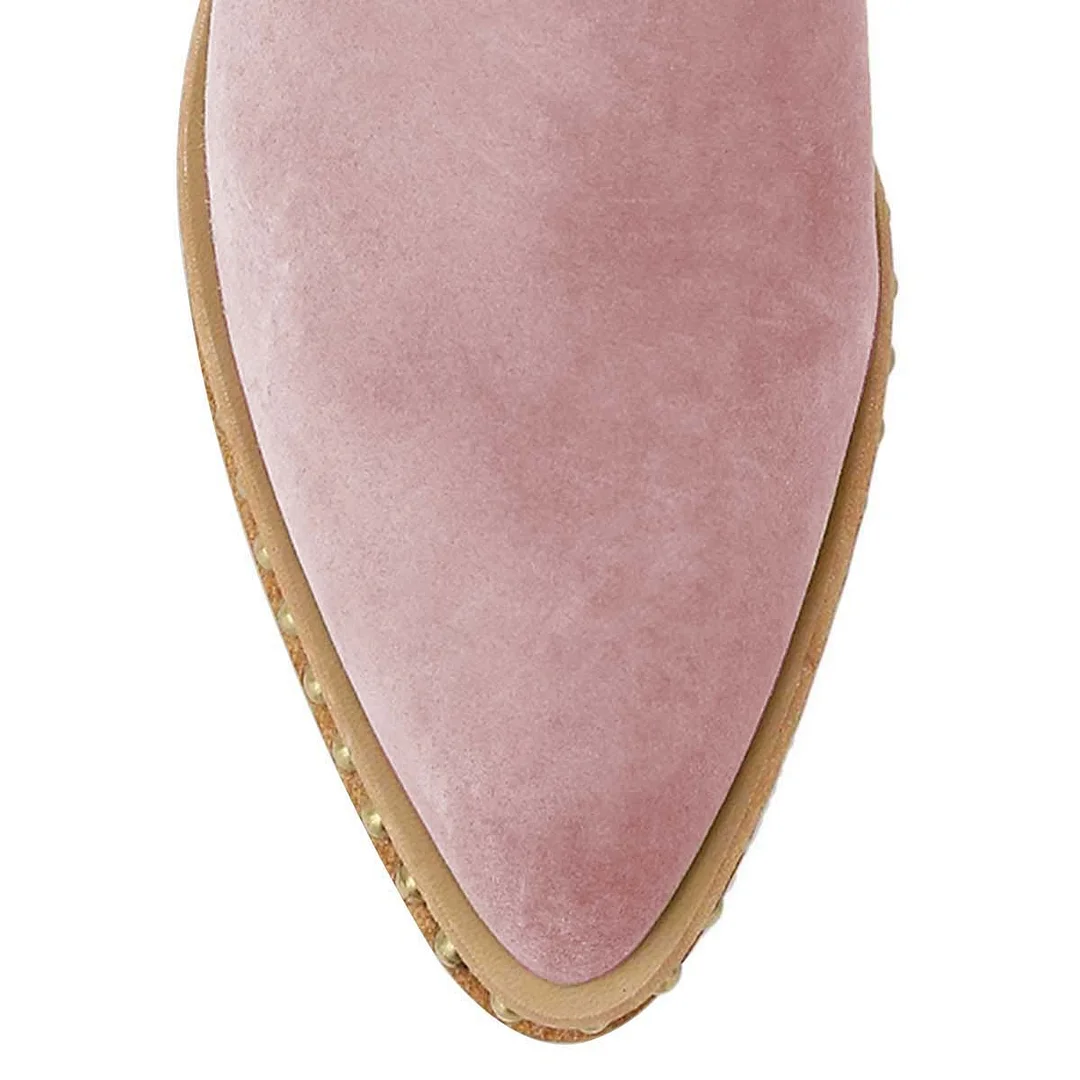 Vegan Suede Studded Stacked Heel Buckle Strap Ankle Boots in Pink