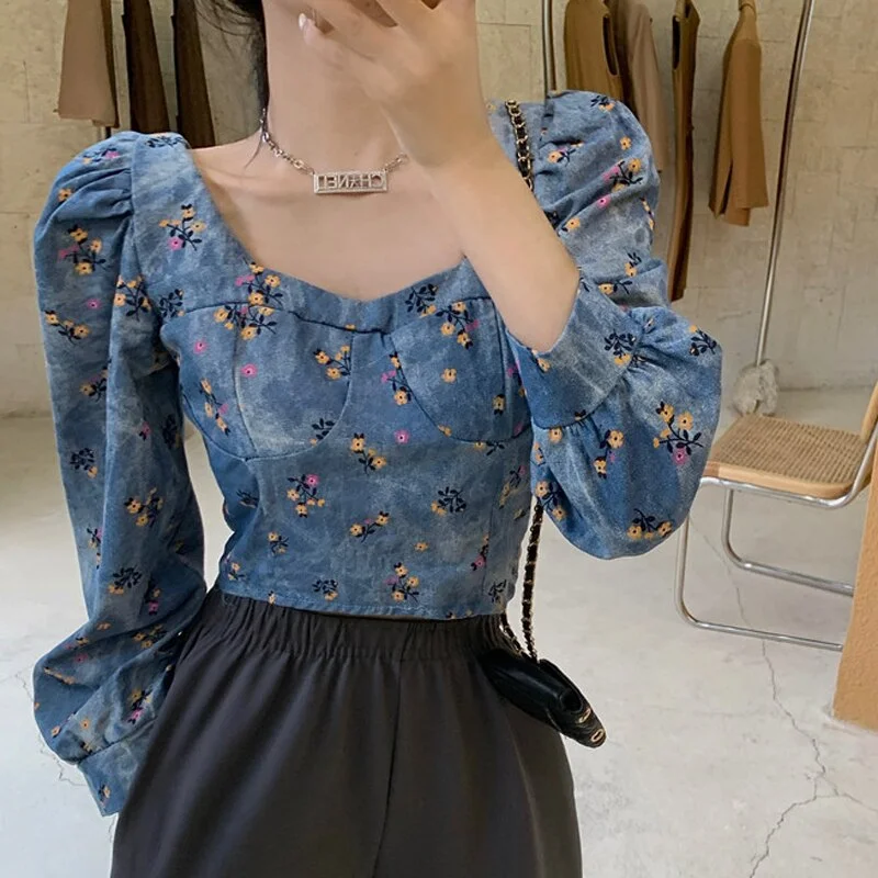 Zoki Vintage Print Women Denim Blouse Square Neck Puff Long Sleeve Blue Jean Short Shirt Casual Elegant Crop Korean Ladies Tops