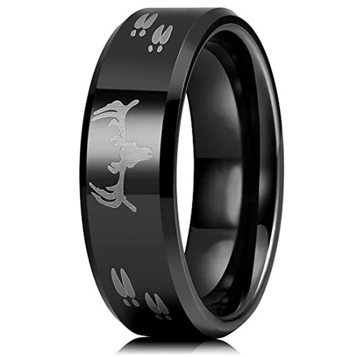 Tungsten 4MM 6MM 8MM 10MM Men's Or Women Hunting Rings Deer Crossing Wedding ring band. Black Tungsten Carbide Band with Deer Antler and Hooves Laser Design. Hunter's Wedding ring band Comfort Fit Ring
