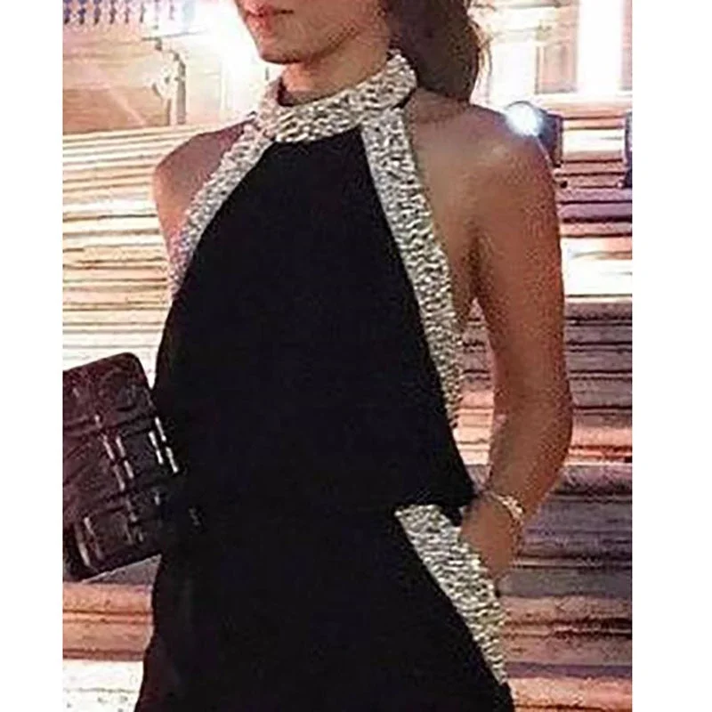 Shiny Glitter Patchwork Wide Leg Pants Jumpsuit Halter Sleeveless Pocket Jumpsuit Sexy Long Rompers Elegant Womens Party Overall