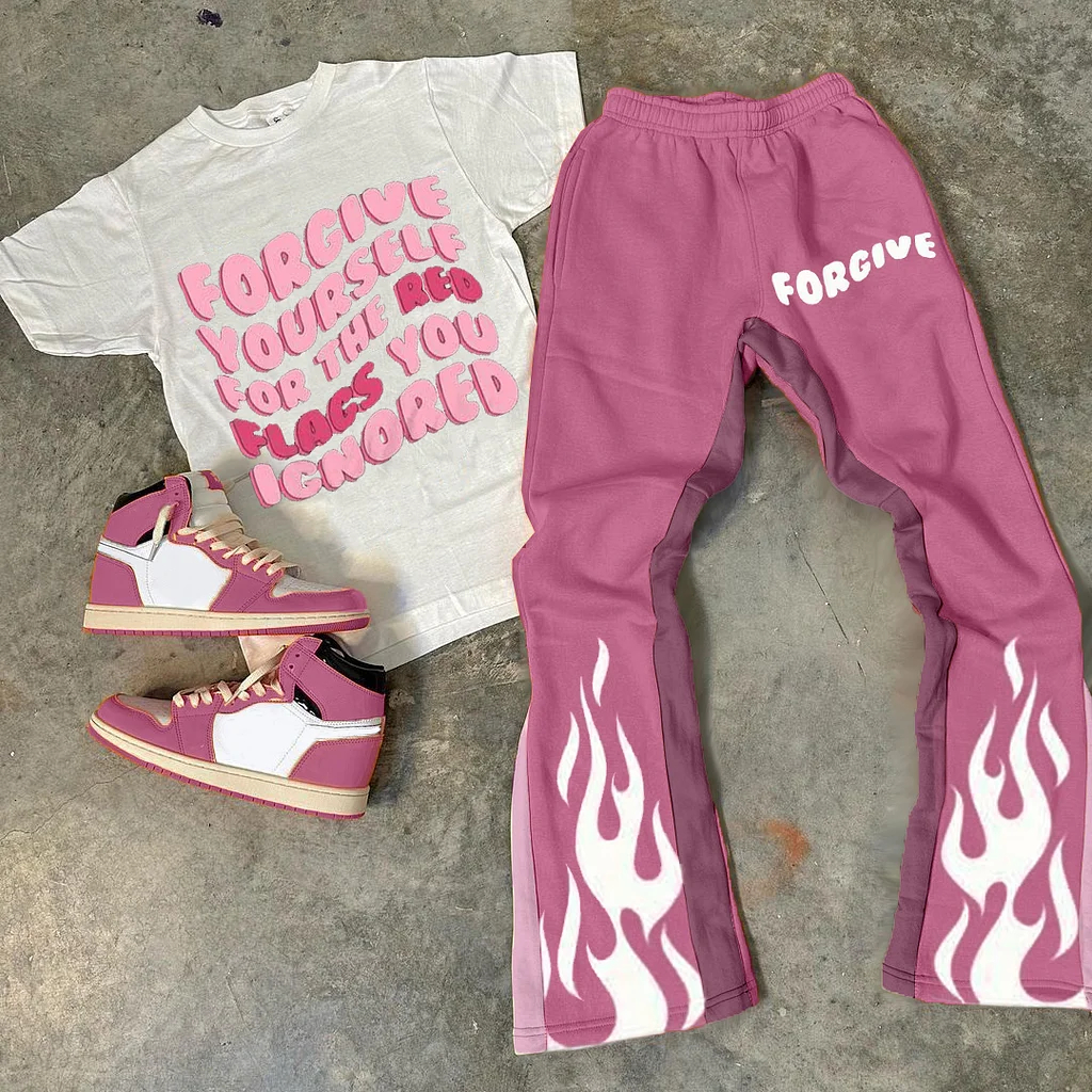 Personalized For Give Print Graphic Short Sleeve Tee & Flared Trousers Two Piece Set