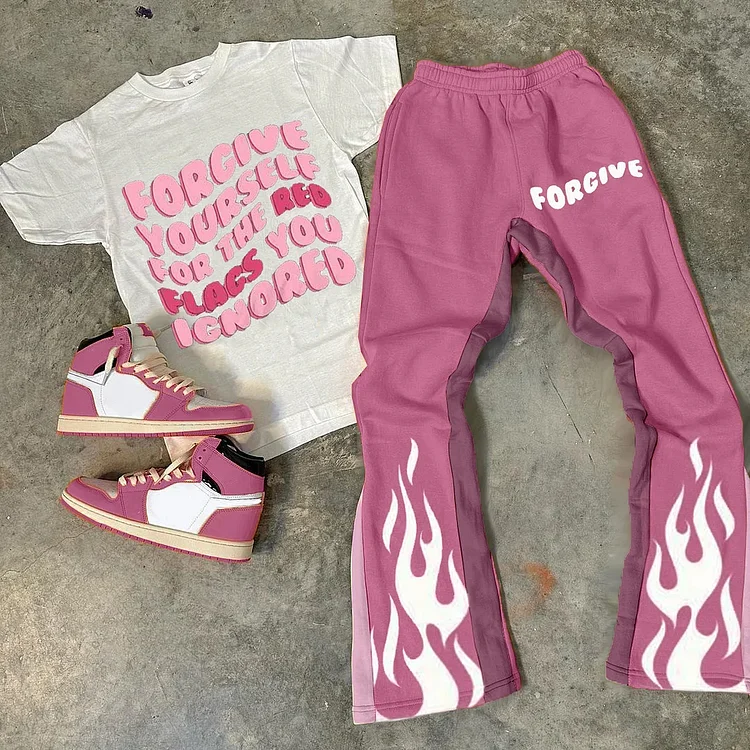 Personalized For Give Print Graphic Short Sleeve Tee & Flared Trousers Two Piece Set