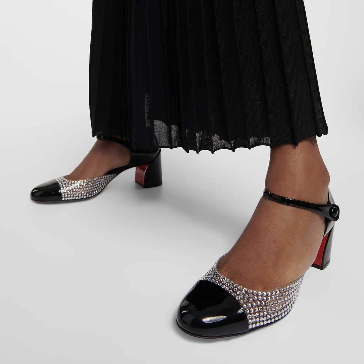 55mm Women's Round Toe Rhinestone Chunky High Heels Mary Jane Red Bottom Shoes-MERUMOTE