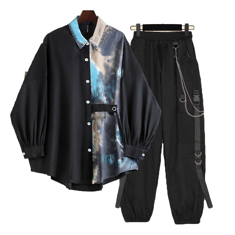 Woherb Spring Autumn Cargo Pants+Puff Sleeve Shirt Jacket Female Tie-dye Stitching Black Pants Unisex Top women 2 Piece Set