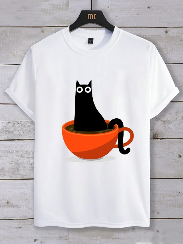 Men's Black Cat and Coffee Funny Art Print Casual T-Shirt