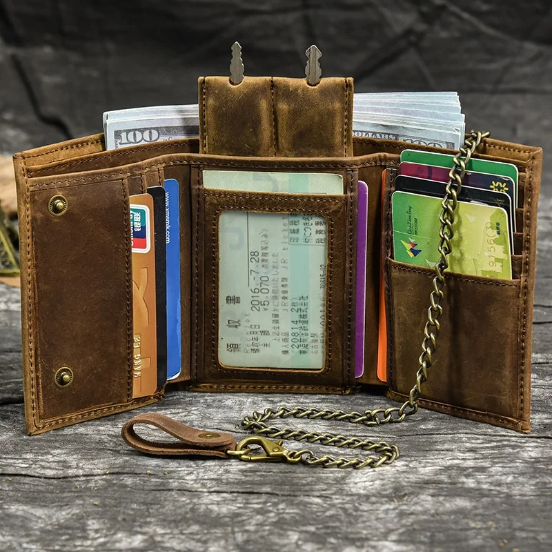 Pongl Designer wallet men luxury men genuine leather wallet card holder short purse leather wallet with iron chain trifold