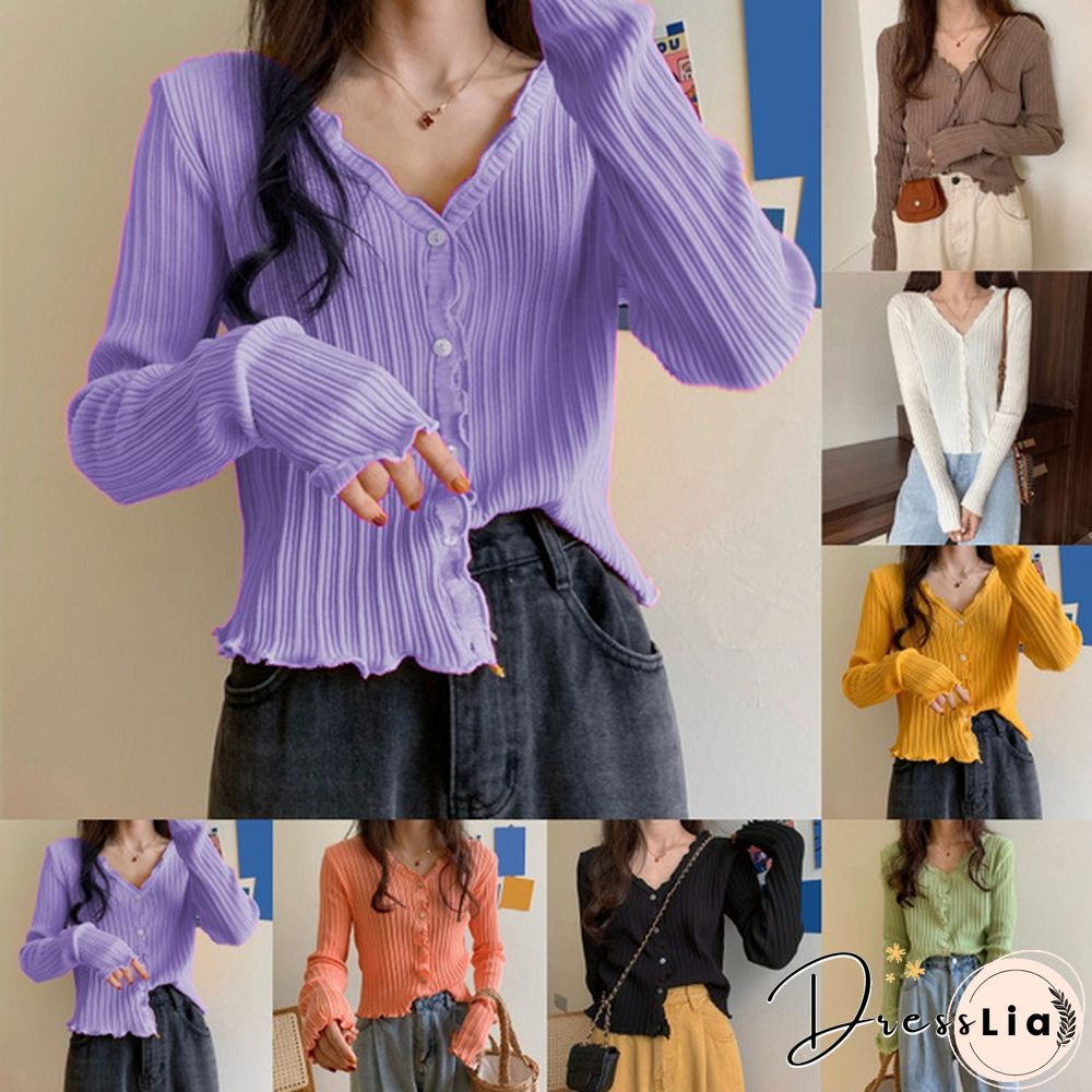 Women's V-neck Long-sleeved Thin Cardigan Short Loose Lazy Top Spring and Autumn