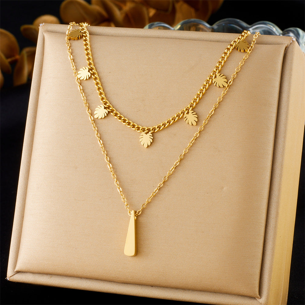 Fashionable Simple And Versatile Design Leaf Water Drop Pendant Gold-Plated Double-Layered Stainless Steel Chain Necklace
