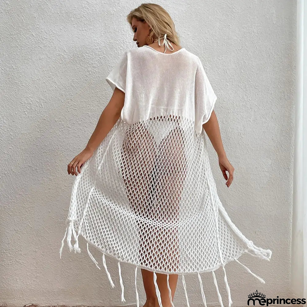 Women's Acrylic Short Sleeves Patchwork Pattern Beach Cover Up