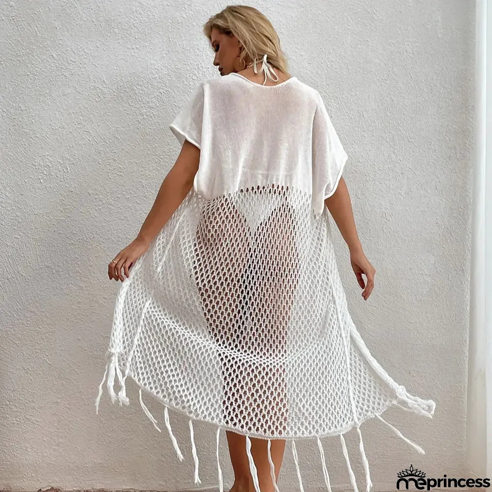 Women's Acrylic Short Sleeves Patchwork Pattern Beach Cover Up