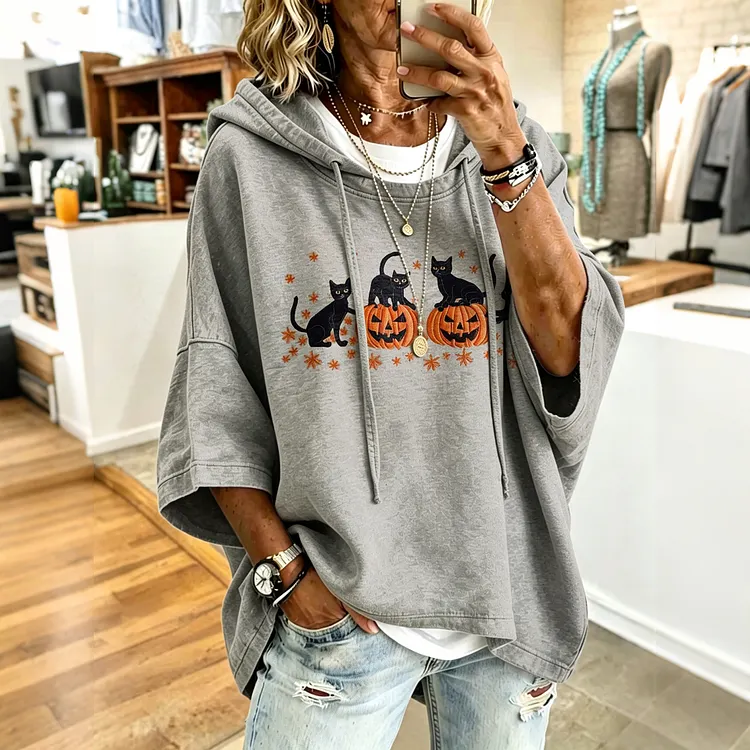 Women's Retro Halloween Cat And Pumpkin Art Print Hooded Sweatshirt