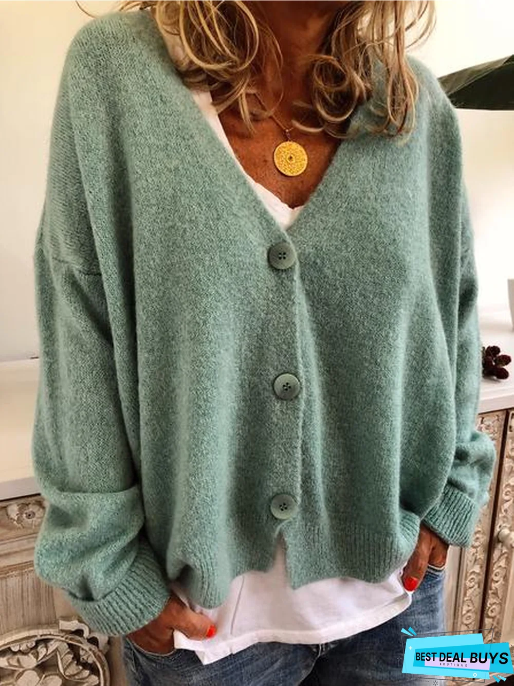 Fashion Solid Cardigan Wool Blend Sweater