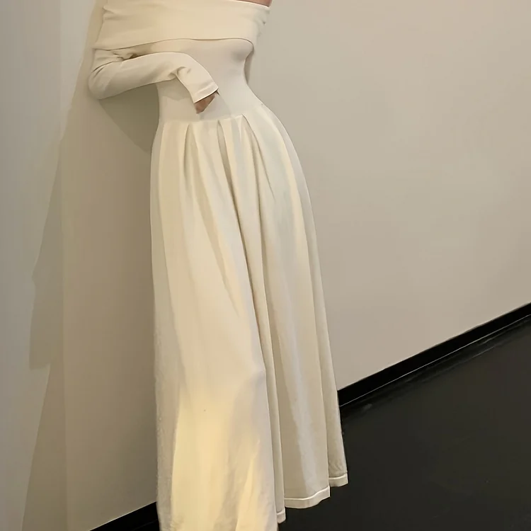 Solid Off Shoulder Aline Dress, Elegant Ruffle Hem Long Sleeve Slim Dress For Spring & Fall, Women's Clothing