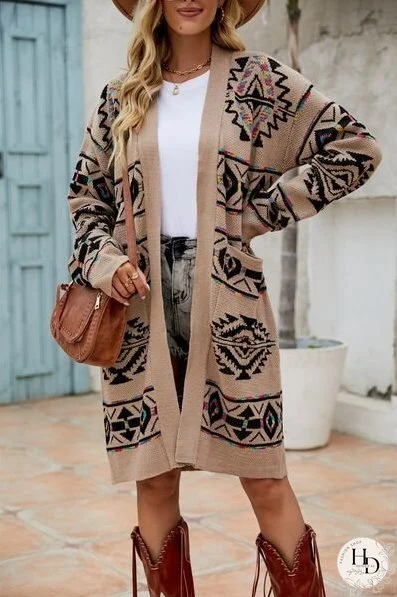 Pocketed Geometric Open Front Dropped Shoulder Cardigan