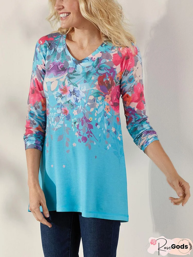 V Neck Casual Printed Blouse