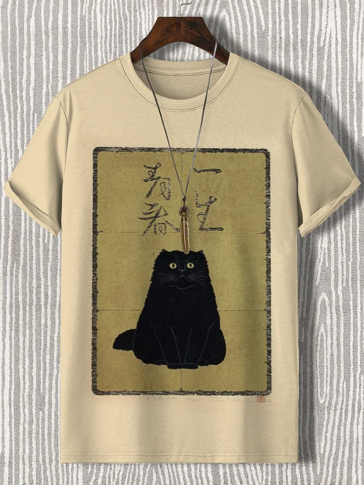 Men's Black Cat Japanese Art Print Casual T-Shirt