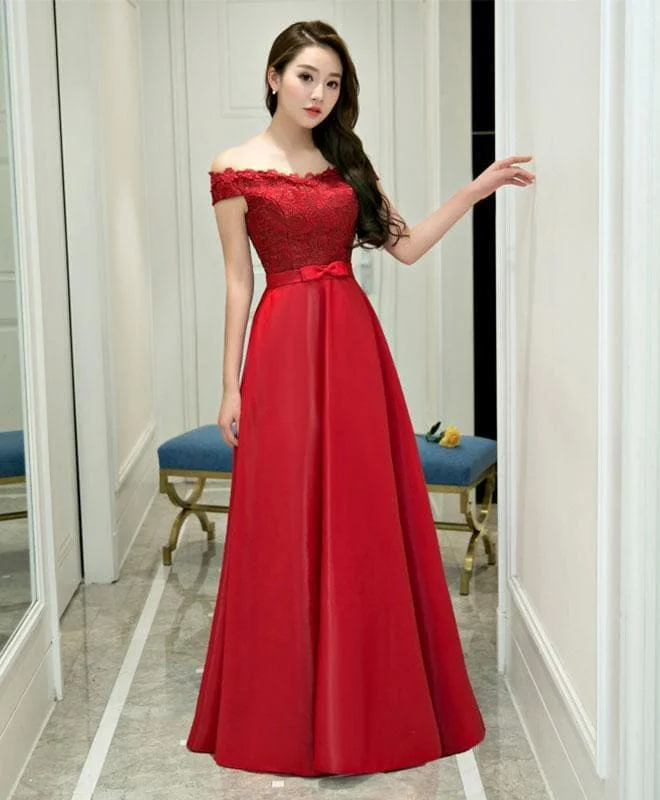 Burgundy Lace Satin Long Prom Dress, Formal Adress