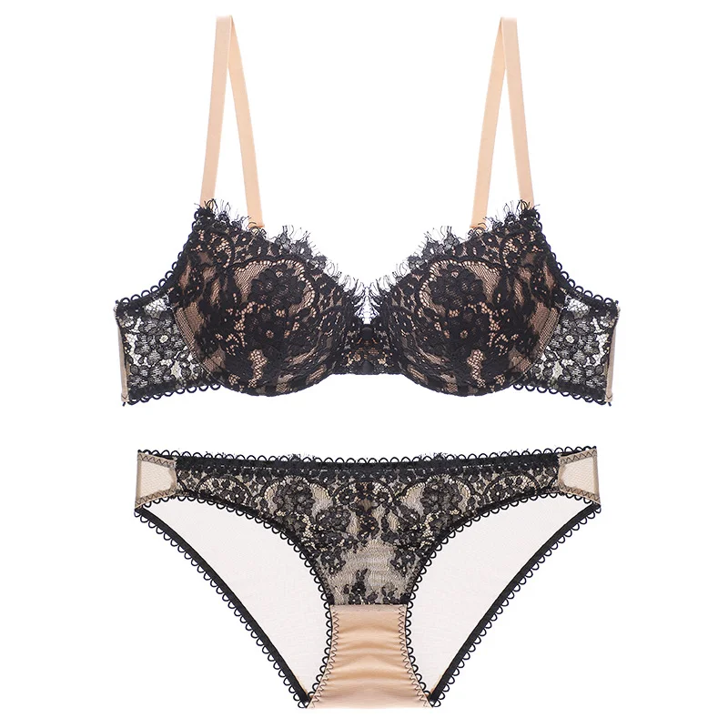 Billionm Lace Bra Set Sexy Women Underwie Push Up Brassiere Panties Thong Set Adjustable Strap Underwear Black Bra Briefs Set