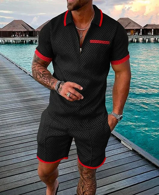 Casual Black Red Lapel Collar Striped Half Zipper Short Sleeve Top & Shorts Set Okaywear