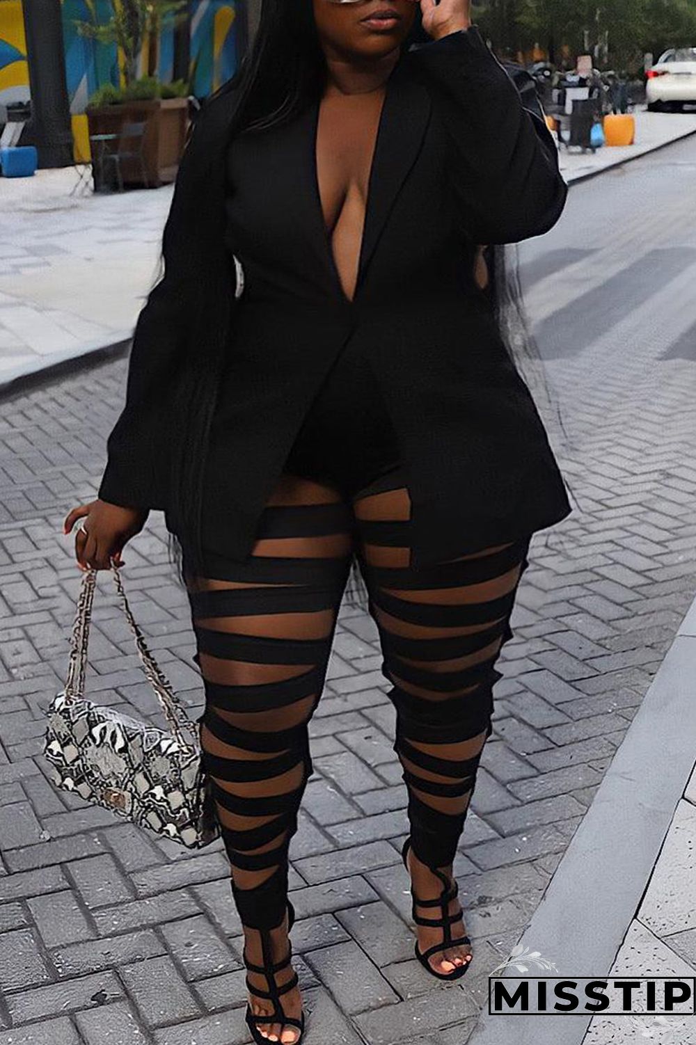 Black Fashion Casual Plus Size Solid Hollowed Out Patchwork Turn-back Collar Long Sleeve Two Pieces