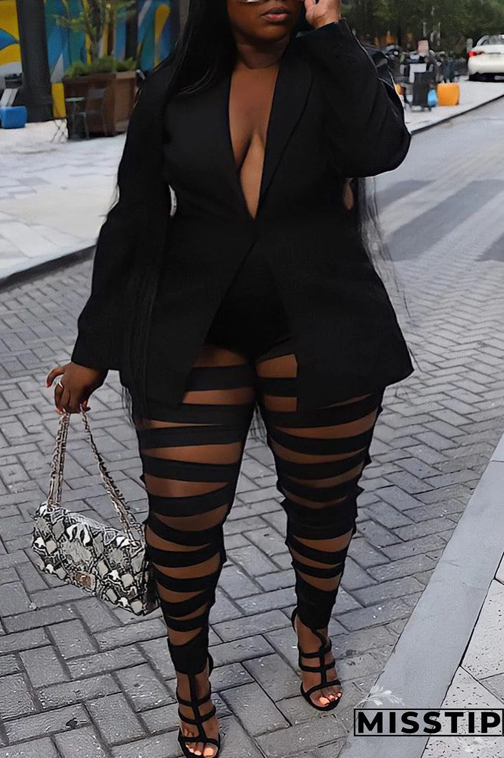 Black Fashion Casual Plus Size Solid Hollowed Out Patchwork Turn-back Collar Long Sleeve Two Pieces