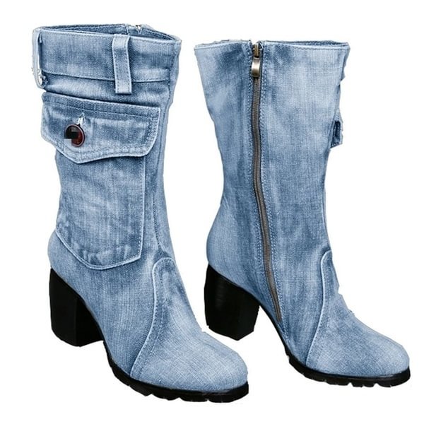 Women's Denim Boots Chunky High Heel Mid Calf Boots Ladies Side Zipper Cowboy Boots Female Casual Autumn Winter Boots Zapatos De Mujer - Shop Trendy Women's Clothing | LoverChic