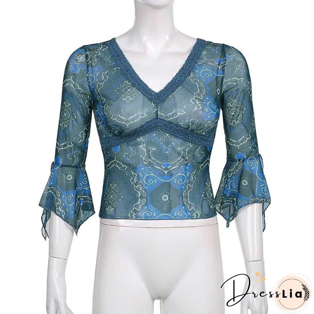 Autumn Lace Floral Mesh Tops Women Vintage Half Flare Sleeve Neck T-Shirts Female Elegant