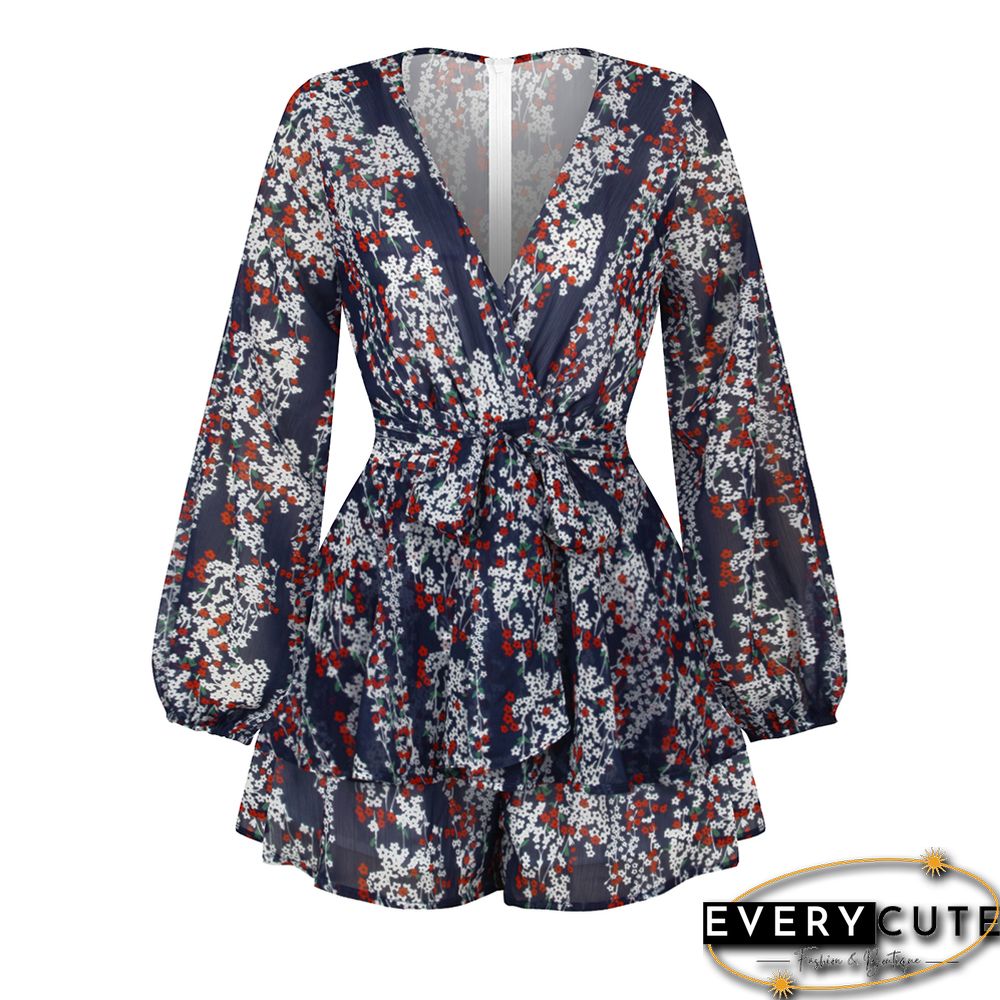 Navy Blue V Neck Ruffle Hem Long Sleeve Romper