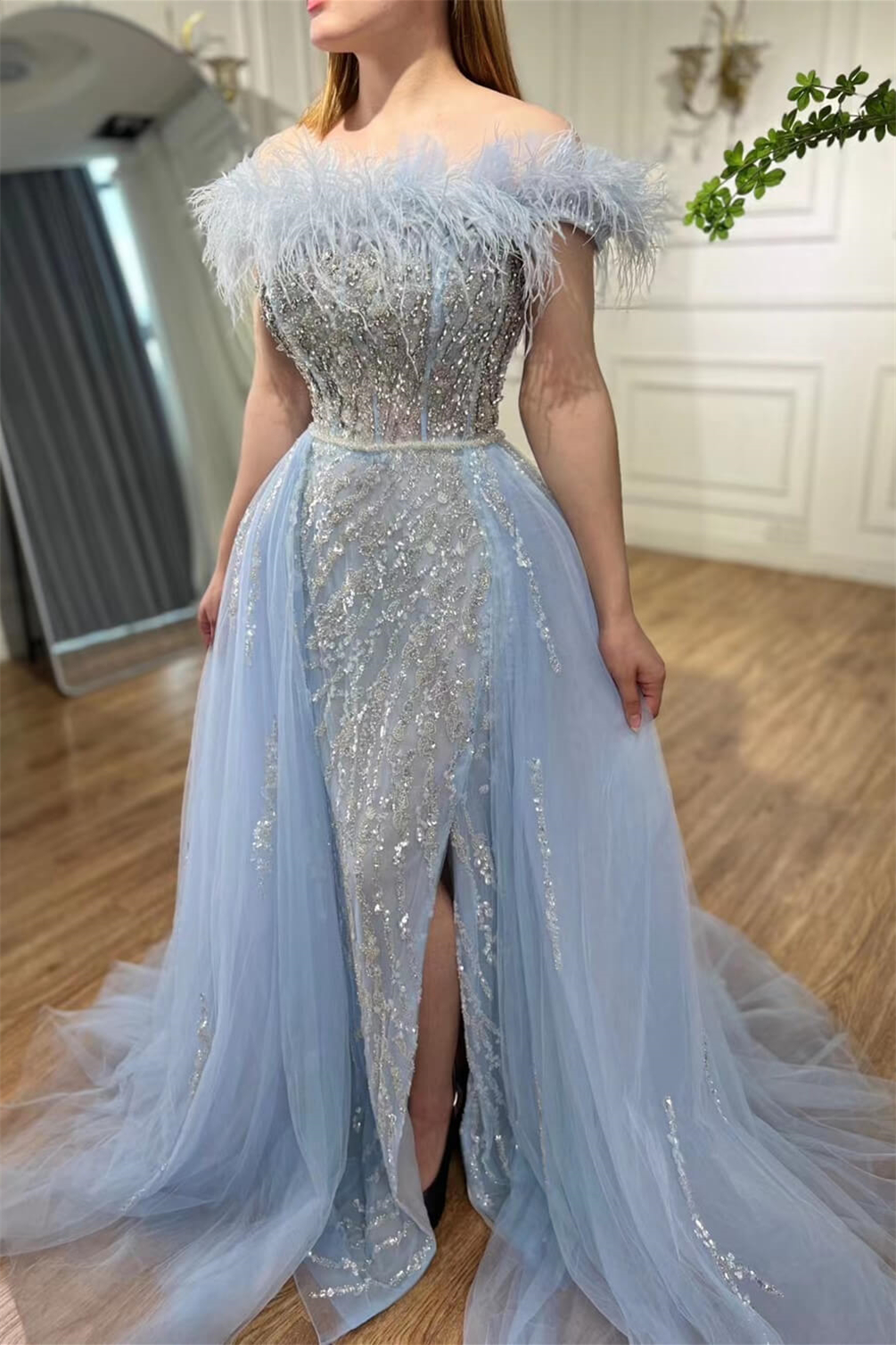 Luluslly Sky Blue Off-the-Shoulder Slit Prom Dress Mermaid Long With Beadings Feather