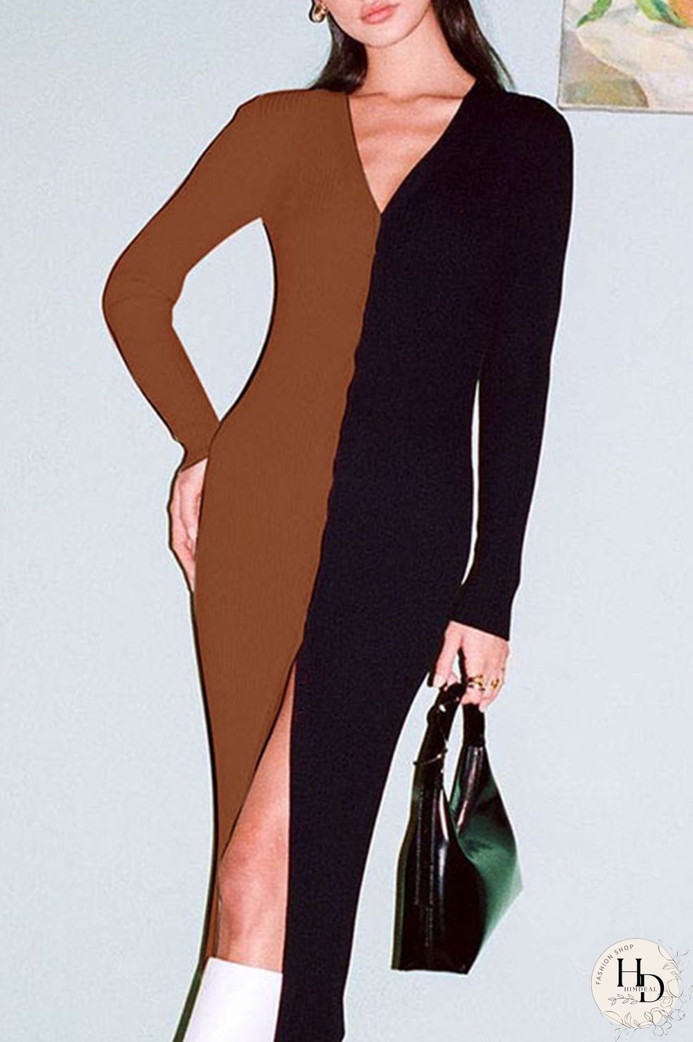 Black Brown Casual Solid Split Joint Buckle V Neck Straight Dresses