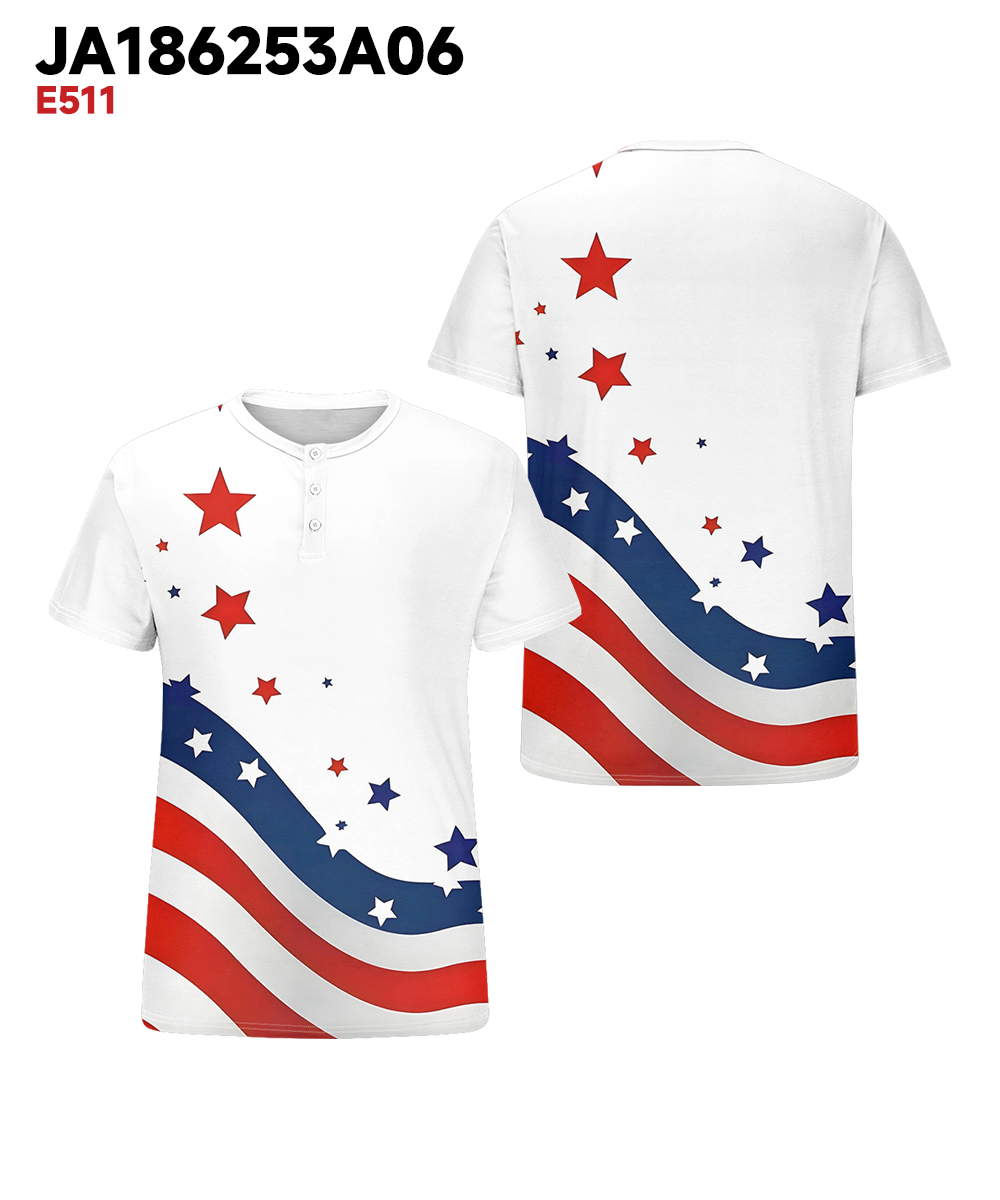 Men's Plus Size Independence Day Flag Wave Print Henley Collar Button Short Sleeve Tee
