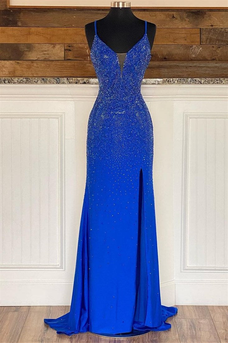 Oknass Stunning Royal Blue V-Neck Spaghetti Strap Mermaid Long Prom Dress with Split