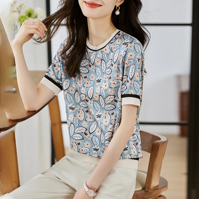 Toloer Toloer Shot Jacket Female Round Collar Short Sleeve 2023 Summer New Show Thin Print Simulation Silk Zou Temperament Half Sleeve T-Shirt-Outfit Ideas