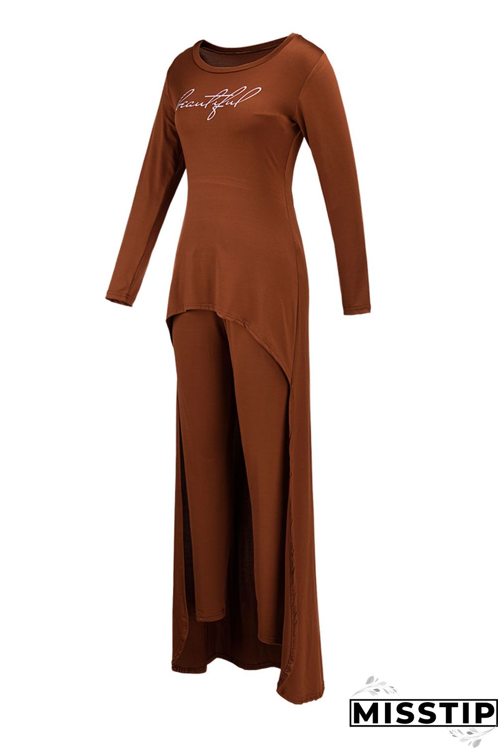 Green Casual Print Patchwork Asymmetrical O Neck Long Sleeve Two Pieces