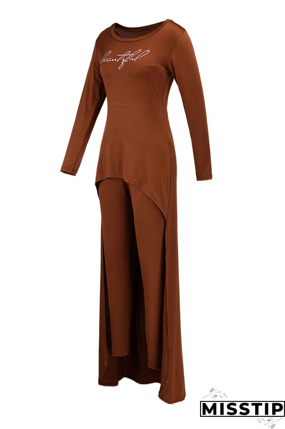 Green Casual Print Patchwork Asymmetrical O Neck Long Sleeve Two Pieces