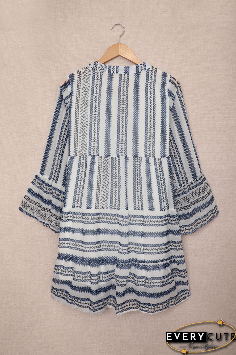 Sky Blue Geometric Print V neck Flare Half Sleeve Ruffle Swing Mini Dress