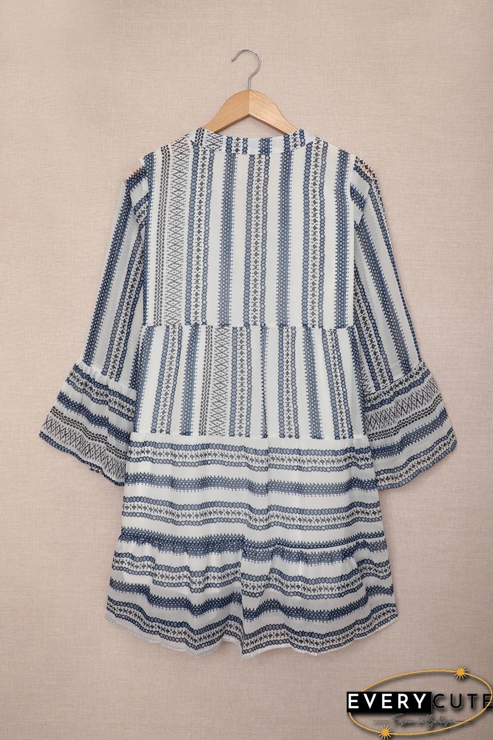 Sky Blue Geometric Print V neck Flare Half Sleeve Ruffle Swing Mini Dress