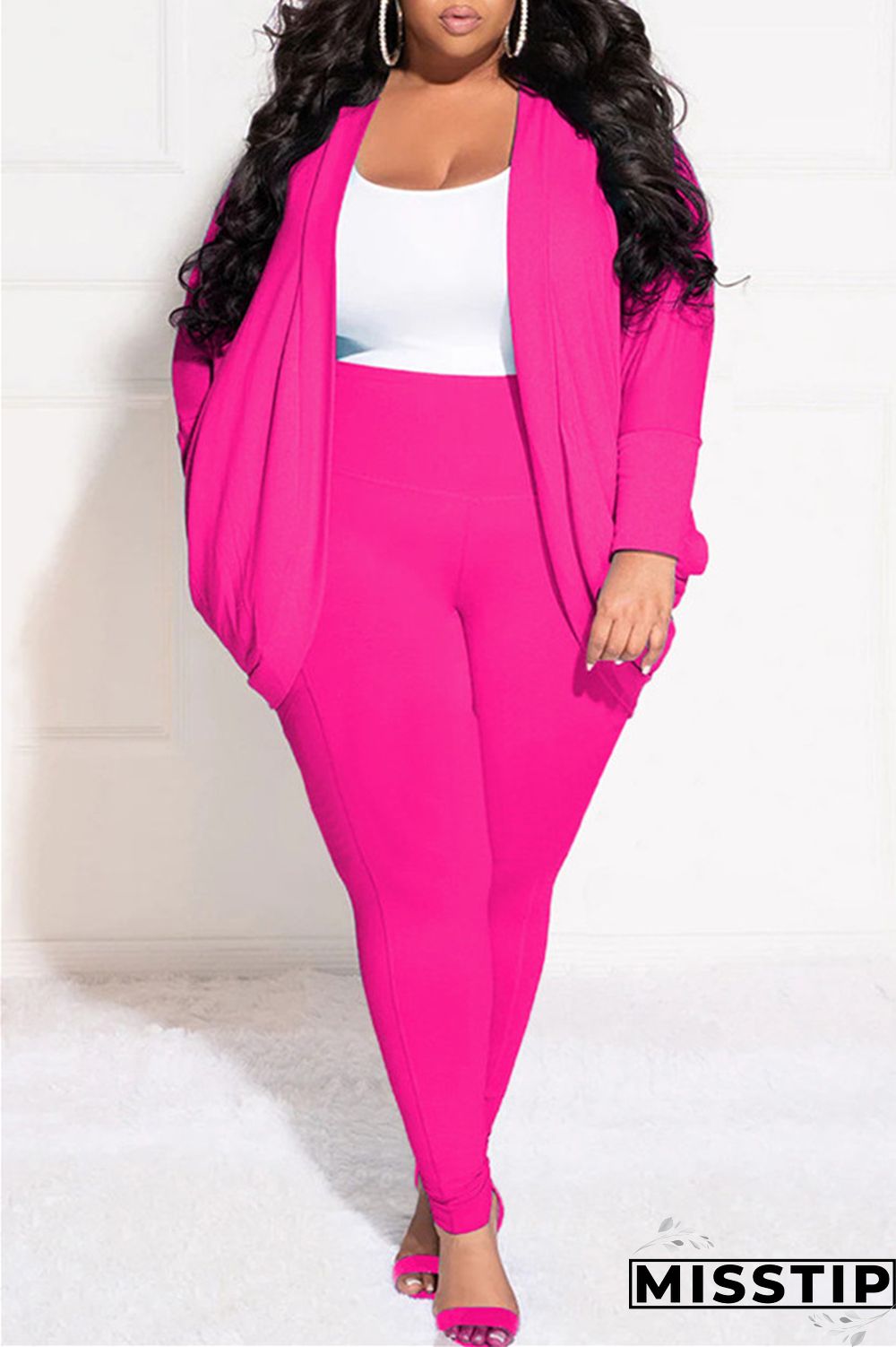 Burgundy Casual Solid Cardigan Pants Cardigan Collar Plus Size Two Pieces