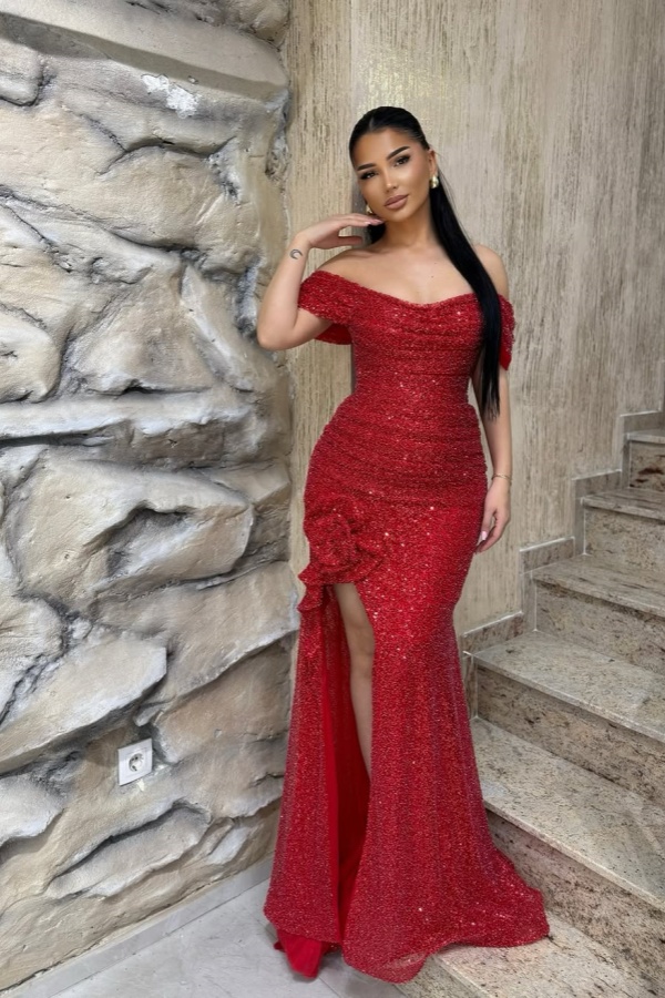 Off-The-Shoulder Gorgeous Sequins Split Evening Dress | ZT0432
