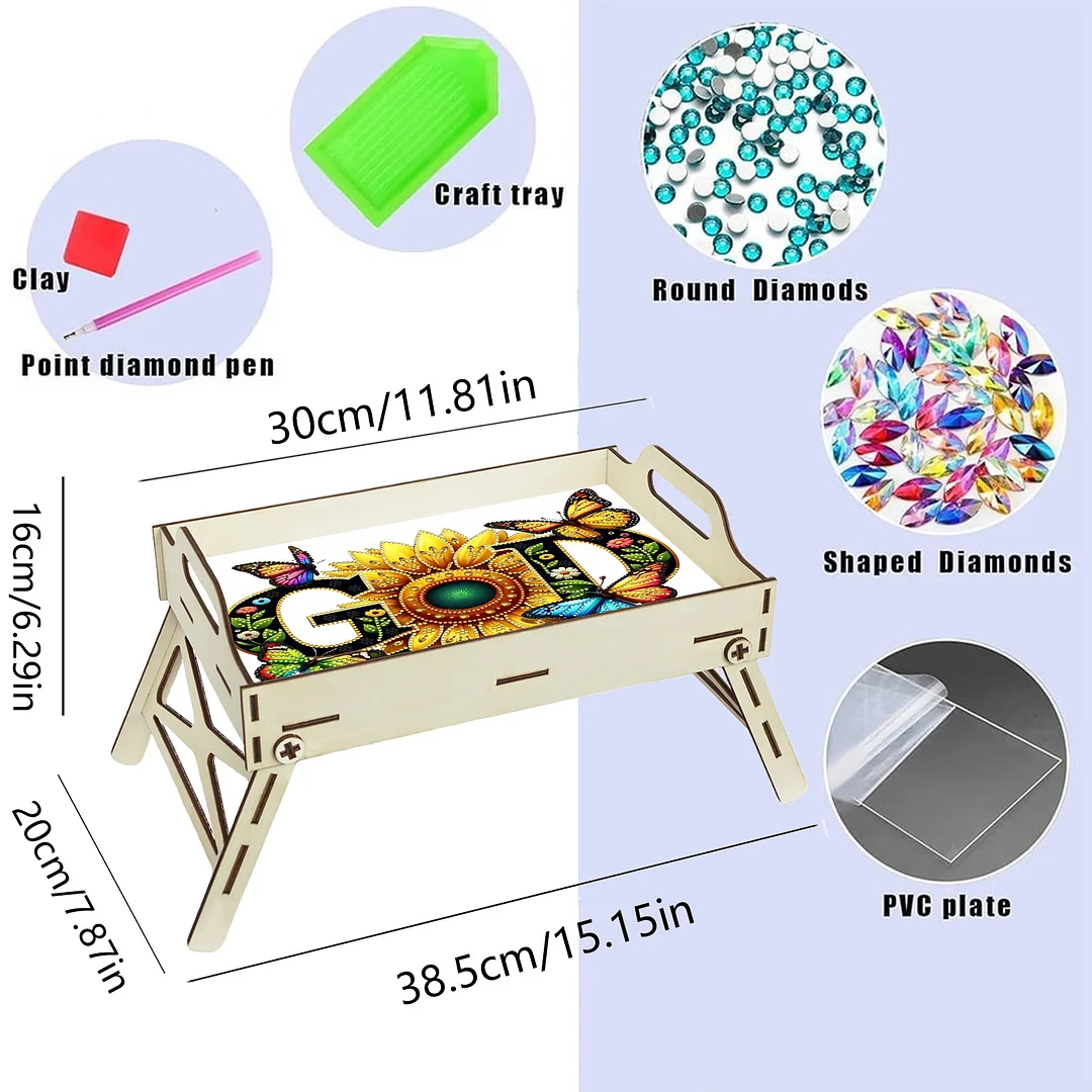 5D DIY God Diamond Painting Wooden Serving Tray with Handle for Coffee Table