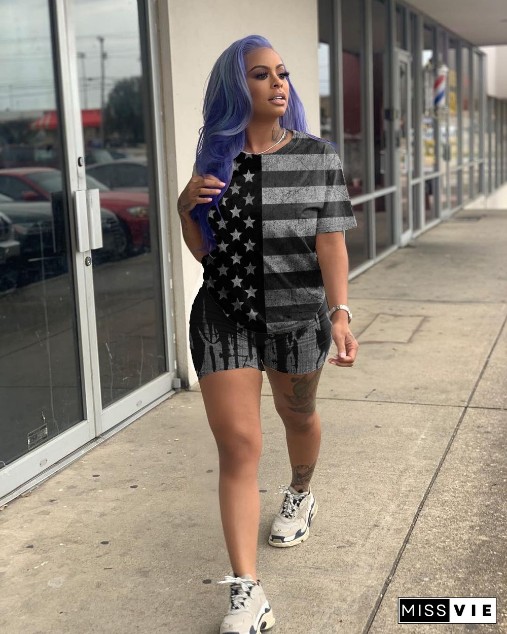 American Independence Day Flag Print Short Sleeve Two-Piece Set